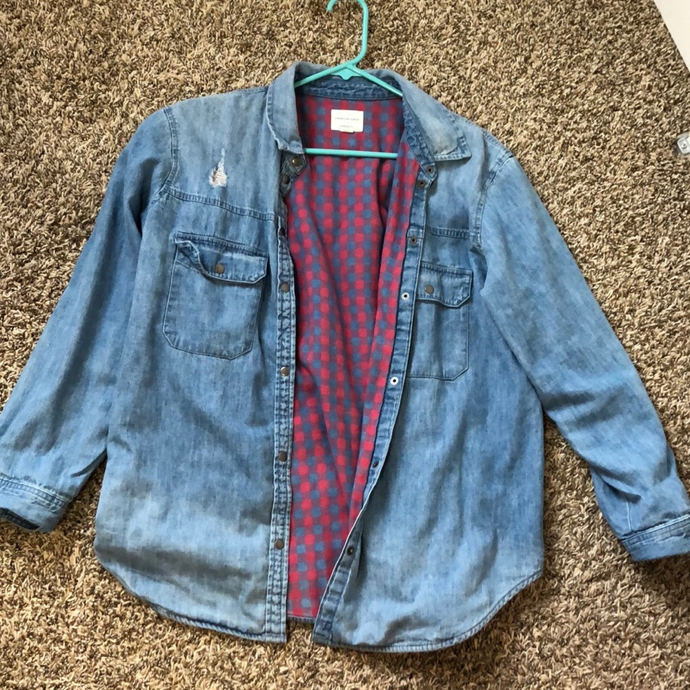 American Eagle Flannel Lined denim button down
